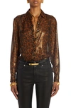 Tom Ford Laminated Leopard Print Button-front Blouse In Camel