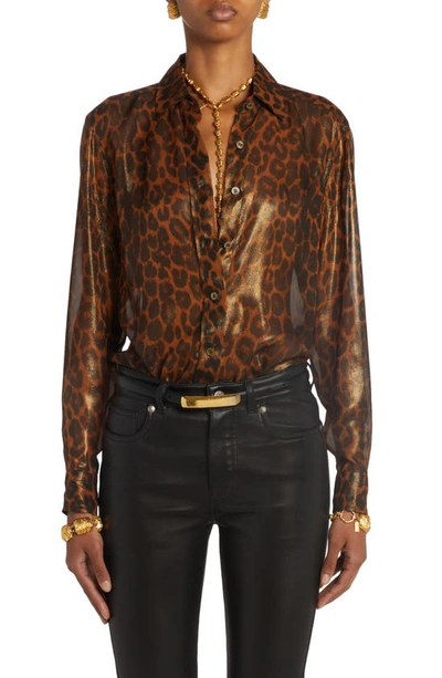 Tom Ford Laminated Leopard Print Button-front Blouse In Brown