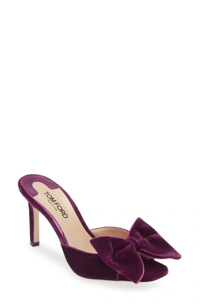 Tom Ford Velvet Bow Stiletto Mule Sandals In Plum