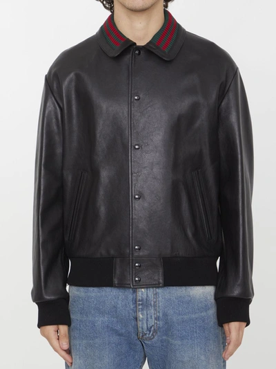 Gucci Web-collar Leather Bomber Jacket In Black