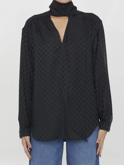 Gucci Gg-jacquard Silk-crepe Shirt In Black  
