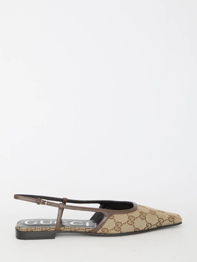 Gucci Pointed-toe Patterned Fabric Ballet Flats In Beige
