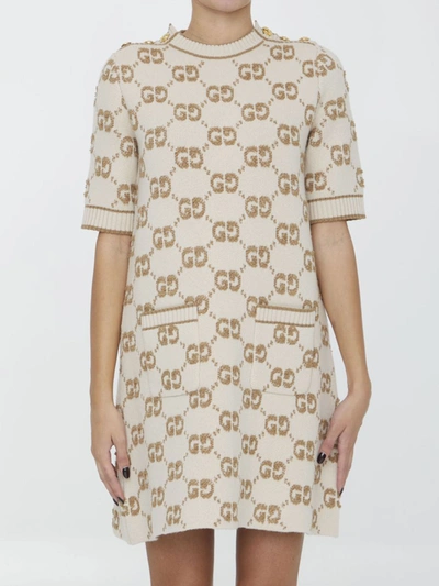 Gucci Gg-jacquard Wool Dress In Beige