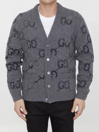 Gucci Cardigan Aus Wolle Mit Gg Intarsie In Grey