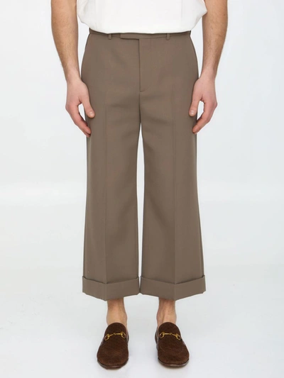 Gucci Wide Leg Gabardine Trousers In Beige