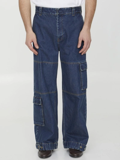 Gucci Asymmetric Denim Cargo Trousers In Blue