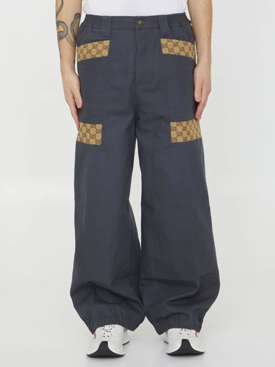 Gucci Wide Leg Trousers With Interlocking Gg Jacquard In Grey