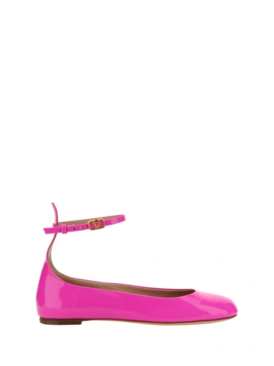 Valentino Garavani Val Tan Go Flat Ballet Pump Ankle Strap Patent Leather In Pink