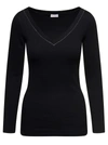 BRUNELLO CUCINELLI BLACK V-NECK PULLOVER WITH BEADS DETAILING IN STRETCH COTTON WOMAN