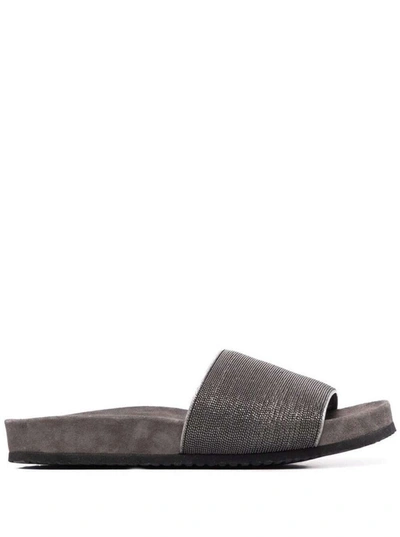 Brunello Cucinelli Grey Suede Slide Sandals With Monile Detail  Woman