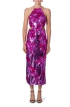 CAROLINA HERRERA FLORAL EMBELLISHED SEQUIN HALTER NECK COCKTAIL DRESS