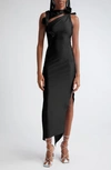 Coperni Long Black Asymmetric Dress With Roses Applications In Stretch Polyamide Woman In Black