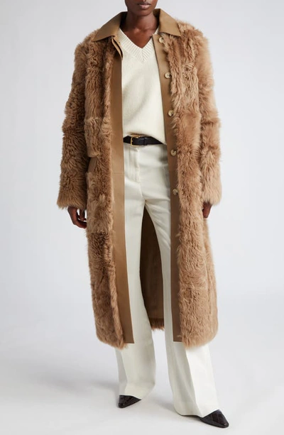 Totême Curly Shearling Lamb Long Coat In Biscuit