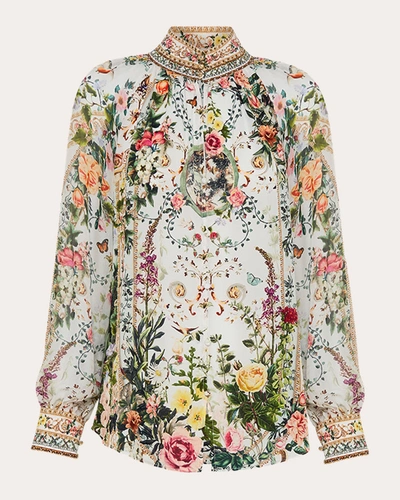 Camilla Floral Silk Raglan Button-front Shirt In Renaissance Romance