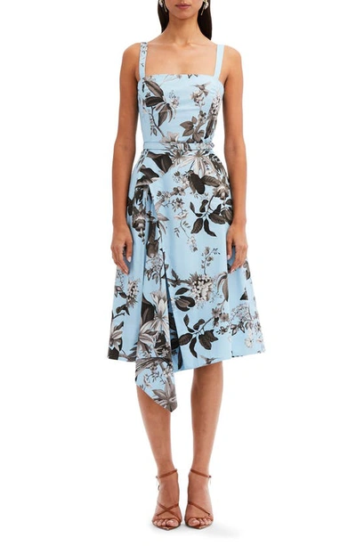 OSCAR DE LA RENTA FAUNA FLORAL BELTED SQUARE NECK CASCADE DETAIL DRESS