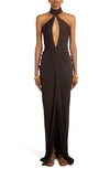 TOM FORD CUTOUT SABLE JERSEY GOWN WITH TRAIN
