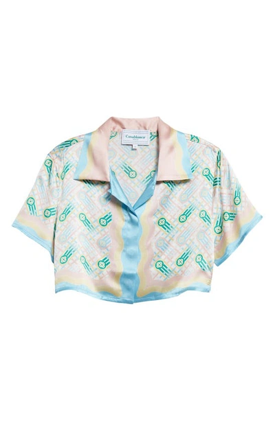 Casablanca Cuban-collar Short-sleeve Crop Silk Shirt In Blanco