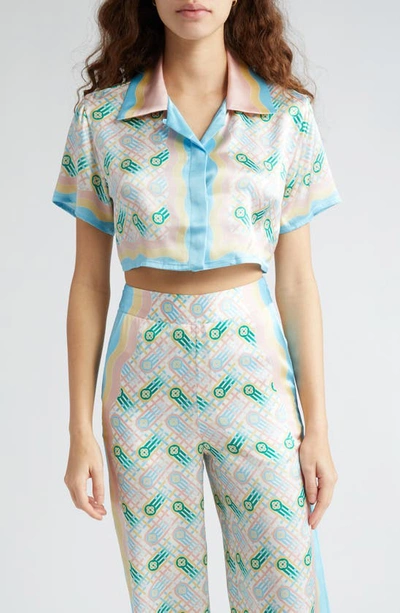 Casablanca Cuban-collar Short-sleeve Crop Silk Shirt In Multicolor