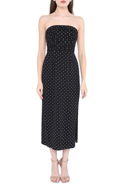 Wayf Strapless Ruched Midi Dress Black Polka-dot Xl In Black Polka Dot