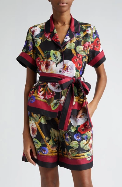 DOLCE & GABBANA FLORAL BELTED SILK CAMP SHIRT