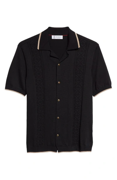 Brunello Cucinelli Geometric Jacquard Short Sleeve Cotton Knit Shirt In Black