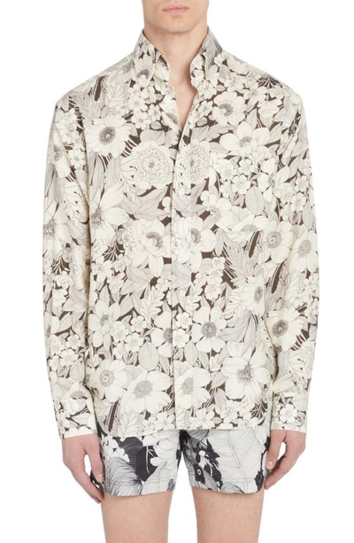 Tom Ford Linear Floral Print Fluid Fit Leisure Shirt In White