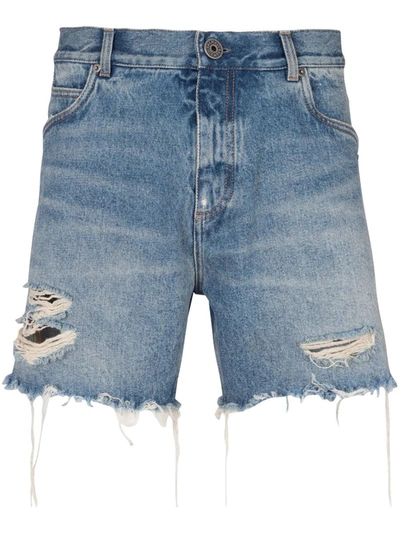 Balmain Distressed Wash Denim Shorts In Blue