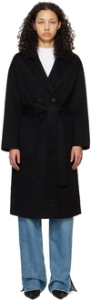 Anine Bing Double-breasted Long Coat With Notched Lapel In Black