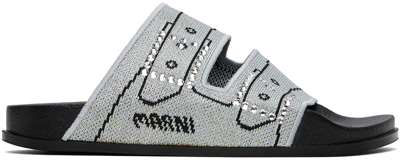 Marni Faux Buckle Embroidered Slide Sandals In Mineral Ice