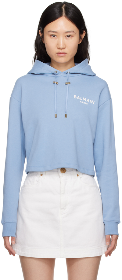 Balmain Blue Flocked Hoodie In Slf Bleu Pâle/nature