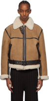 Totême Sheep Shearling Belted Aviator Jacket In 154 Dark Biscuit