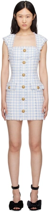Balmain Frayed Gingham Cotton-blend Tweed Mini Dress In Slj Bleu Pâle/blanc