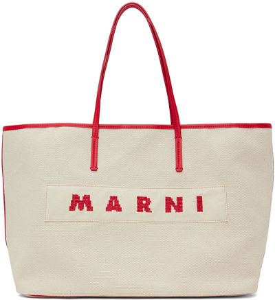 Marni 'small Janus' White Tote Bag With Logo Patch In Cotton Woman In Zo727 Ivory/red