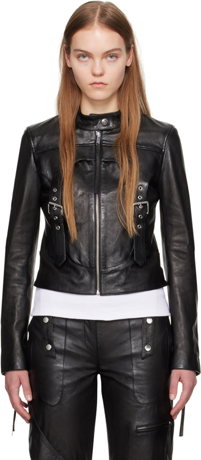 Blumarine Black Guêpière Leather Biker Jacket In N0990 Nero