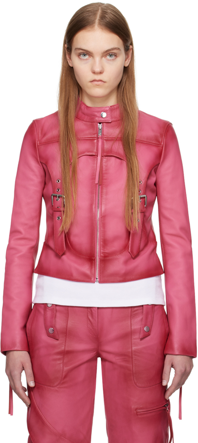 Blumarine Pink Guêpière Leather Biker Jacket In N0731 Geranio