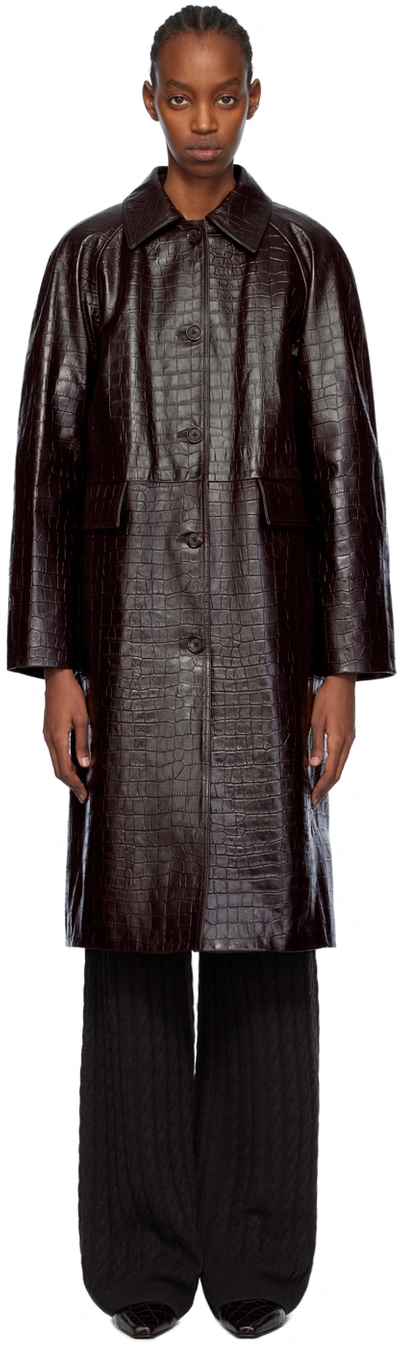 Totême Croc-embossed Leather Coat In Dark Brown