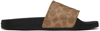 Coach Black & Tan Signature Coated Canvas Pool Slides In Tan Signature