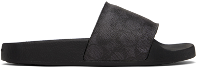 Coach Black Signature Coated Canvas Pool Slides In Charcoal Signature