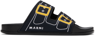 Marni Embroidered Slip-on Slides In Black