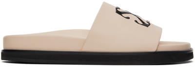 Off-white Leather Slides With Embroidered Logo In Beige