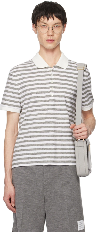 Thom Browne White & Grey Striped Short Sleeve Polo In 055 Lt Grey
