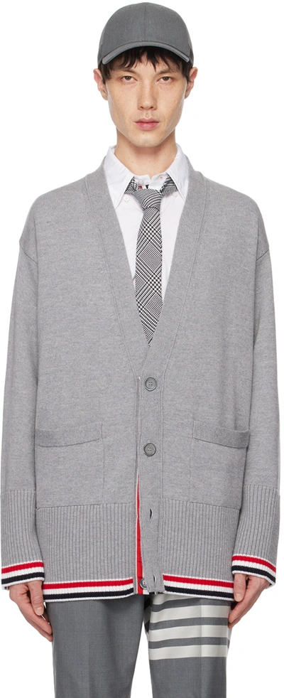 THOM BROWNE GRAY EXAGGERATED V-NECK CARDIGAN