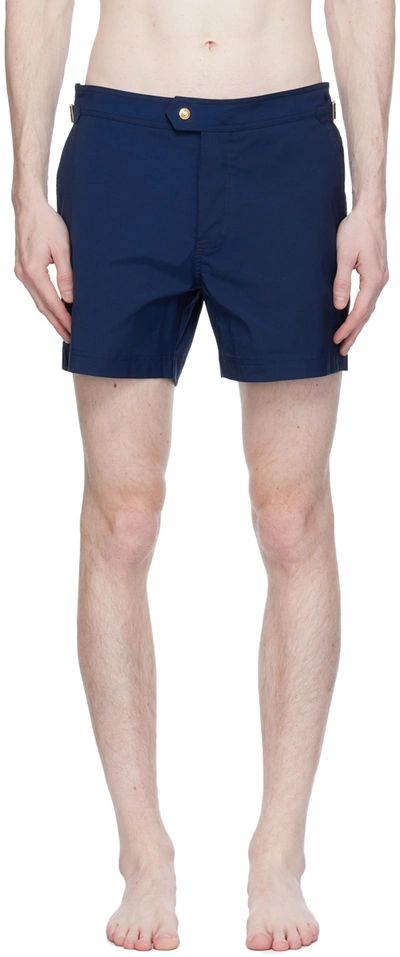 Tom Ford Compact Poplin Swim Shorts W/ Piping In Yves Blue