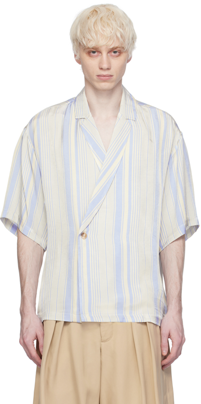 King & Tuckfield Off-white Notch Collar Wrap Shirt In Powder Blue Stripe