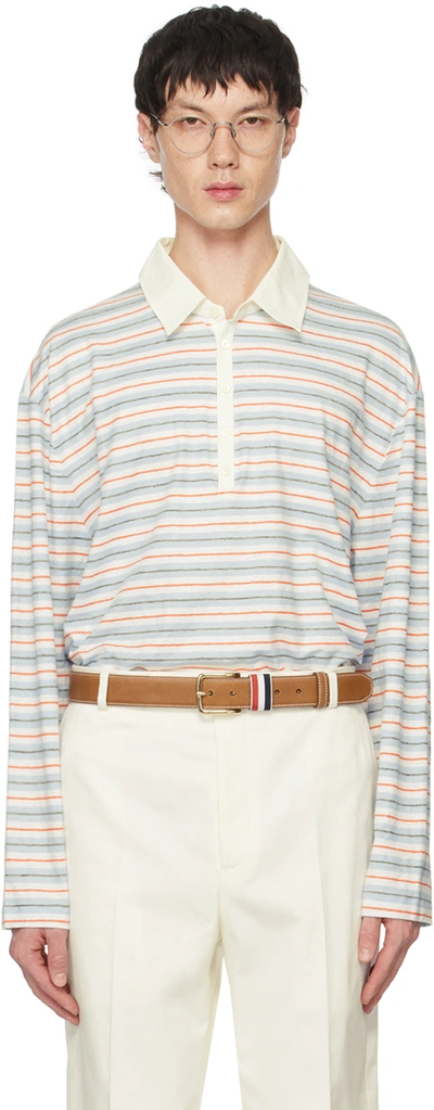 Thom Browne White & Blue Striped Polo In 460 Medium Blue