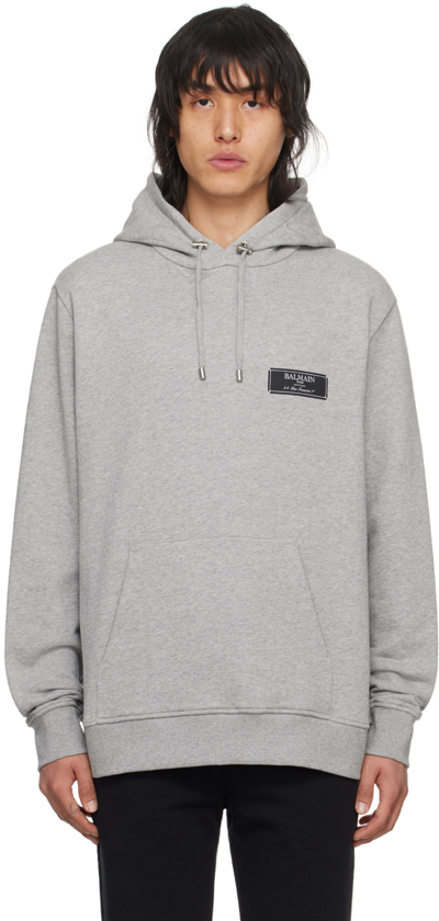 Balmain Logo-patch Organic Cotton Hoodie In 9ub Gris Chinã‰