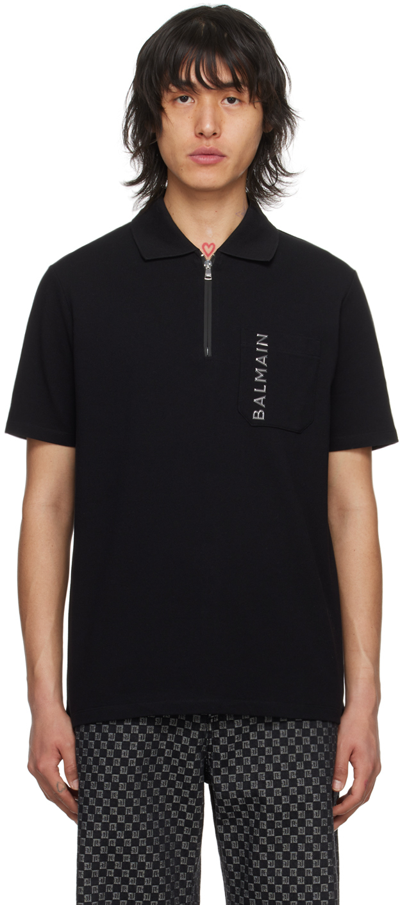 Balmain Logo-lettering Polo Shirt In Ehr Noir/gris Foncã‰