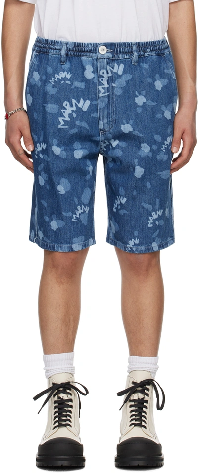 Marni All-over Logo-print Denim Shorts In Iris Blue