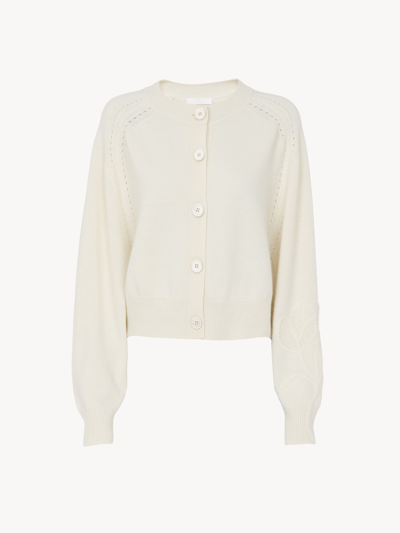 Chloé Cardigan Court Droit Col Rond Femme Blanc Taille M 90% Laine, 10% Cachemire