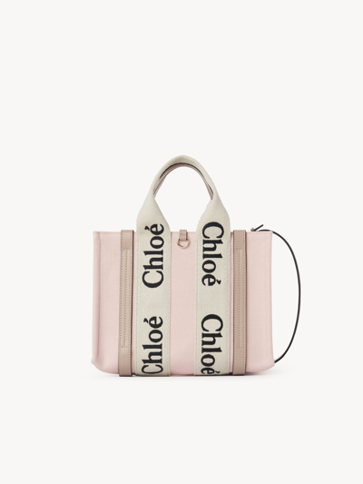 Chloé Petit Sac Cabas Woody À Bandoulière Femme Rose Taille Onesize 100% Lin In Pink